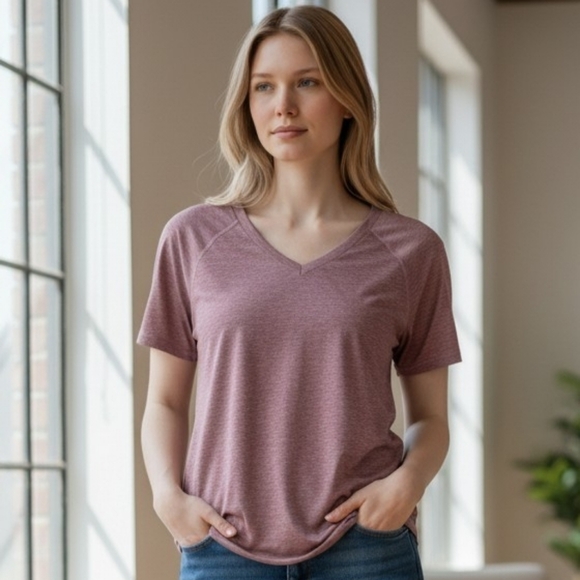 Ideology Tops - Ideology Mauve Heather V Neck Short Sleeve Tee (TS43)